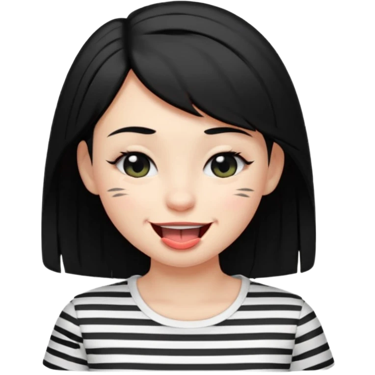Black-haired girl, short to the neck, wearing white shirt with black stripes, With his head sideways, winking one eye, and sticking out his tongue  emoji