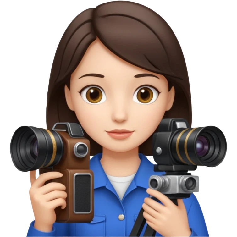 A brunette girl , she’s a proud and successful filmmaker 🍿🌍✨ she’s next to a camera, / holding awards  emoji