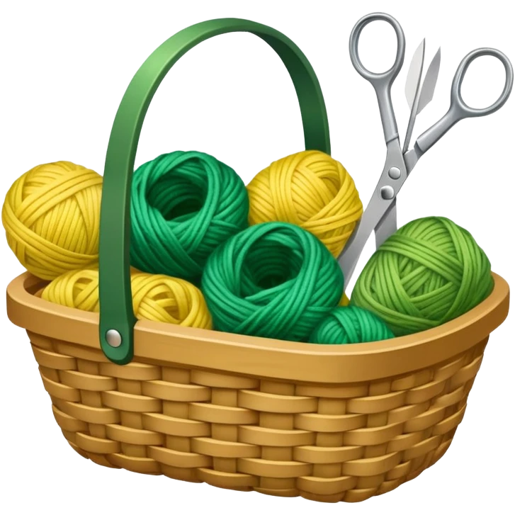 A tidy basket with neatly arranged green and yellow skeins and scissors. emoji
