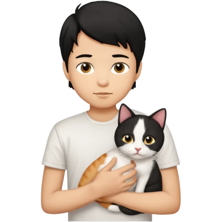generate a pretty bratz emoji of a boy with black hair wearing a white tshirt and holding a cat  emoji