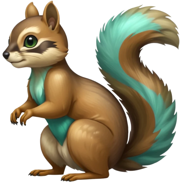 exotic shiny sparkly colorful cool realistic cute beautiful dark gloomy ghostly spooky greyish blackish green cyan toned colored fantasy-Squirrel-Cacomistle-tanuki-oncilla-caracal-animal-hybrid (full body) emoji