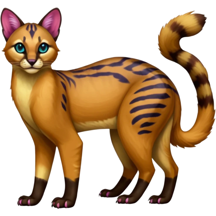 Vibrant-colored colorful painted marked patterned Asian glorious divine exotic cute cool beautiful shiny beautiful fantasy-caracal-civet-genet-sergal-vernid-Cacomistle-oncilla-animal-Fakémon-hybrid-fursona (full body) emoji
