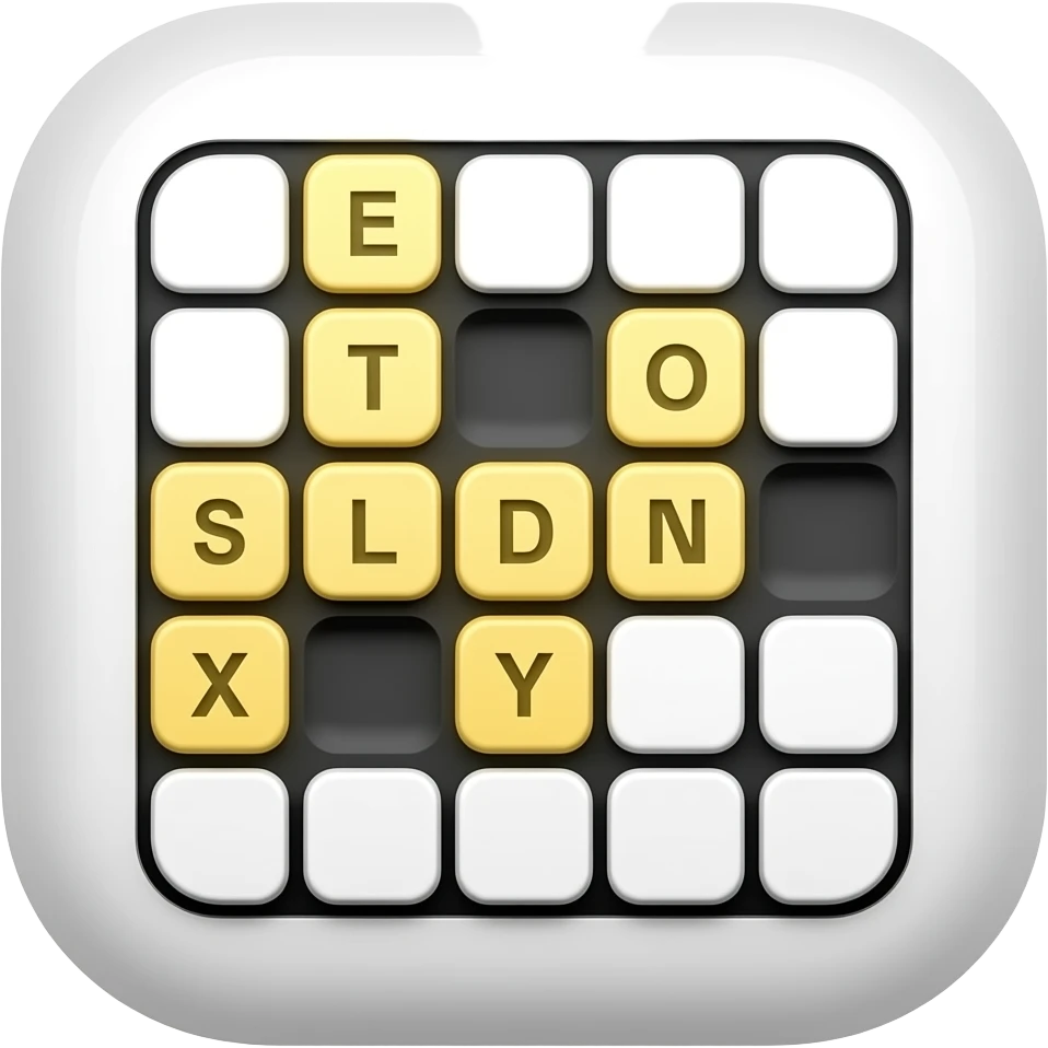 “Apple emoji style crossword puzzle app logo, clean rounded square icon, white background, black crossword grid, a few filled yellow letter tiles, soft shadows, minimal, glossy 3D emoji look emoji
