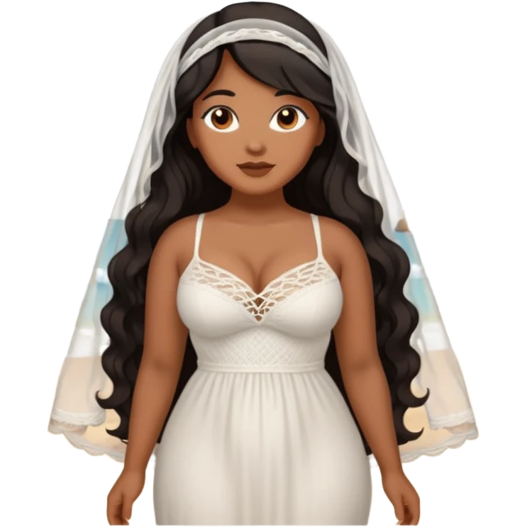 Curvy woman with brown skin with long wavy black hair, brown eyes. She's wearing a white crotchet dress getting married on a beach emoji