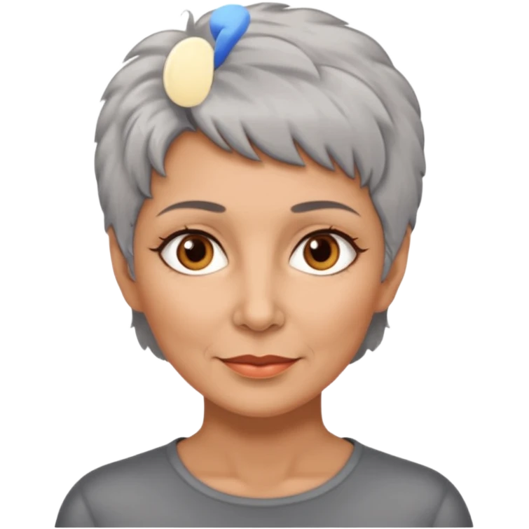 woman 50 years old, short grey fluffy hair, tannes skin and brown eyes emoji