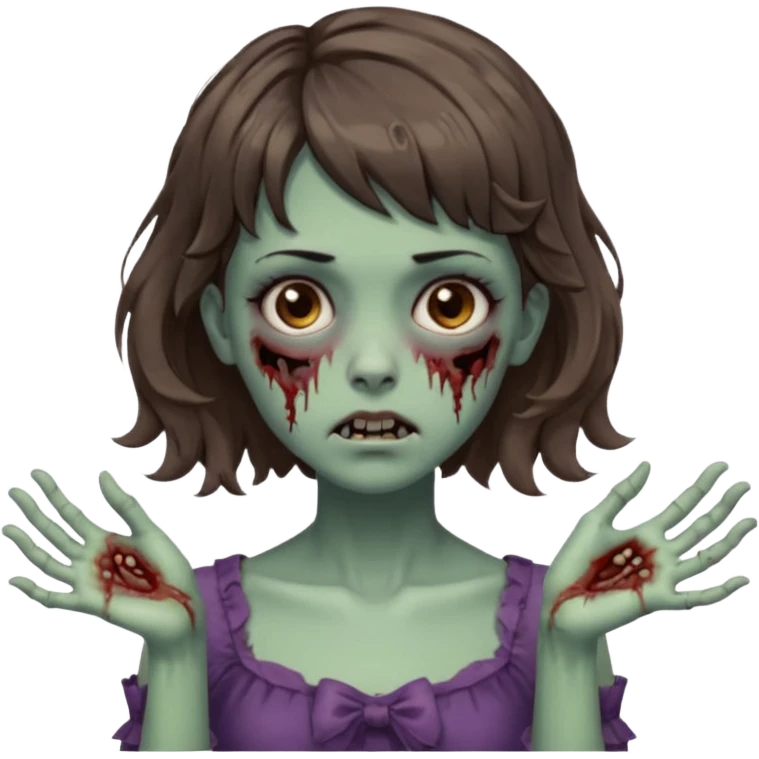 Cabelo ondulado  um pouco cheio e franja curta  Olhos marrons e pequenos e feita d ezumbi mais bonita com cabelo amarro na e com as mãos assim tipo assim🧟‍♀️ emoji