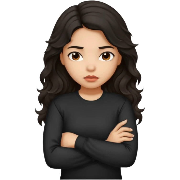 Hispanic girl with dark long wavy hair crossing her arms while pouting and wearing a black long sleeve shirt emoji