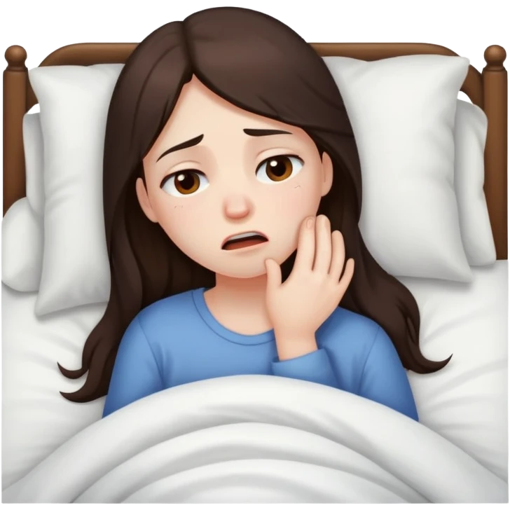 girl with long dark brown hair brown eyes and pale skin crying in bed tired sick emoji