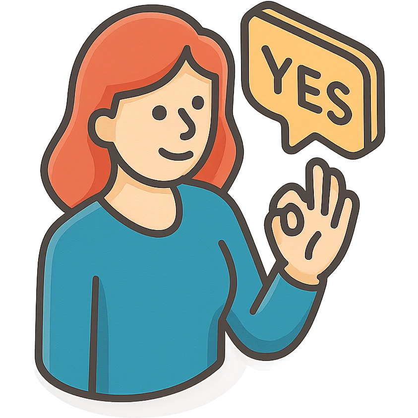 женщина говорит - yes, и делает жест рукой в знак согласия emoji