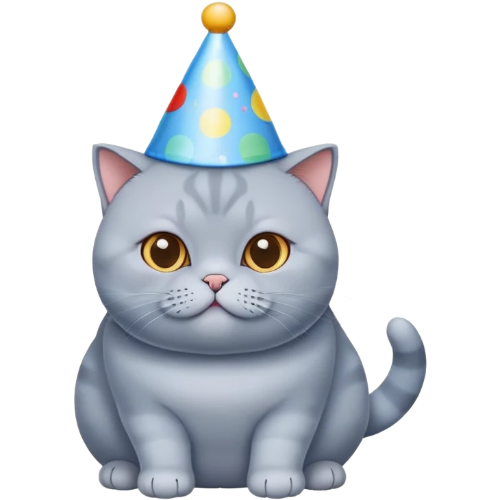 British shorthair blue cat with round face and chubby cheeks wearing a colorful birthday hat emoji