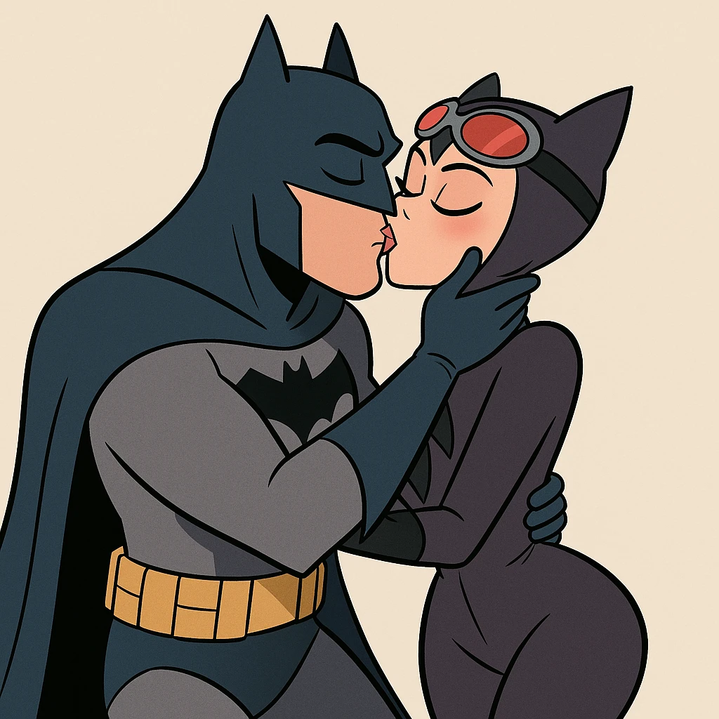 Batman and Catwoman kissing, cartoon style, bright colors, dynamic pose, neutral background emoji