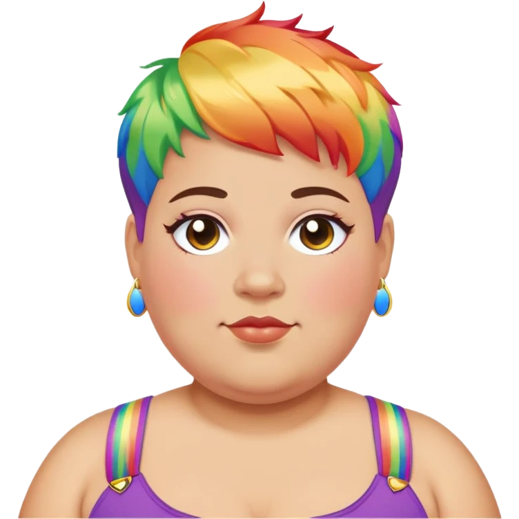 Overweight nonbinary person with rainbow pixie cut wearing pride pins emoji