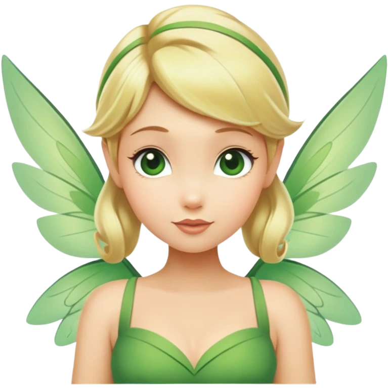 Tinkerbell fairy from hips up, green dress, blonde hair, wings, minimal style, larger size emoji