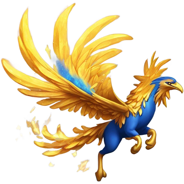 “A molten gold phoenix with electric-blue wings, mid-flight, leaving a trail of fiery stardust and sparks.” emoji