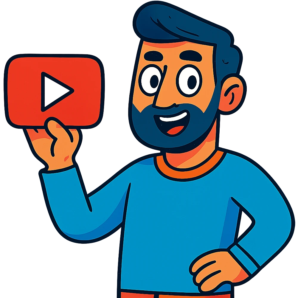 a man looking at the camera holding a YouTube logo, vibrant cartoon style emoji