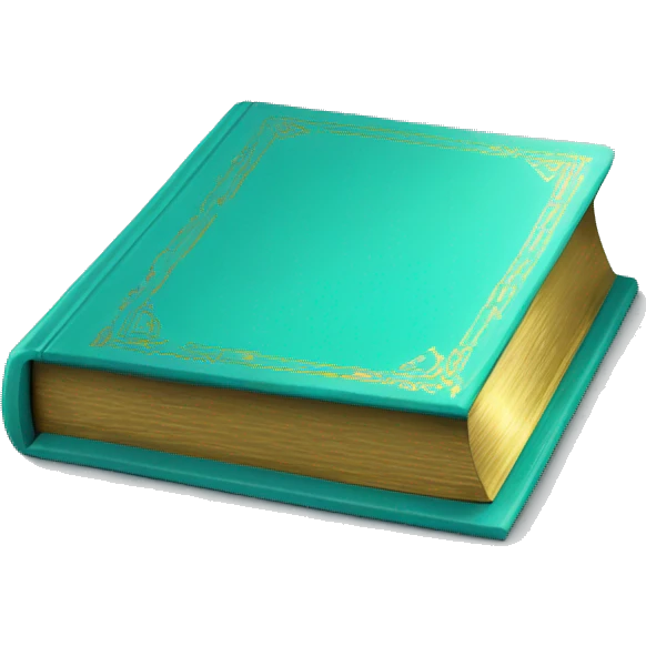 Realistic isolated turquoise book with metallic gold writing laying down flat. emoji