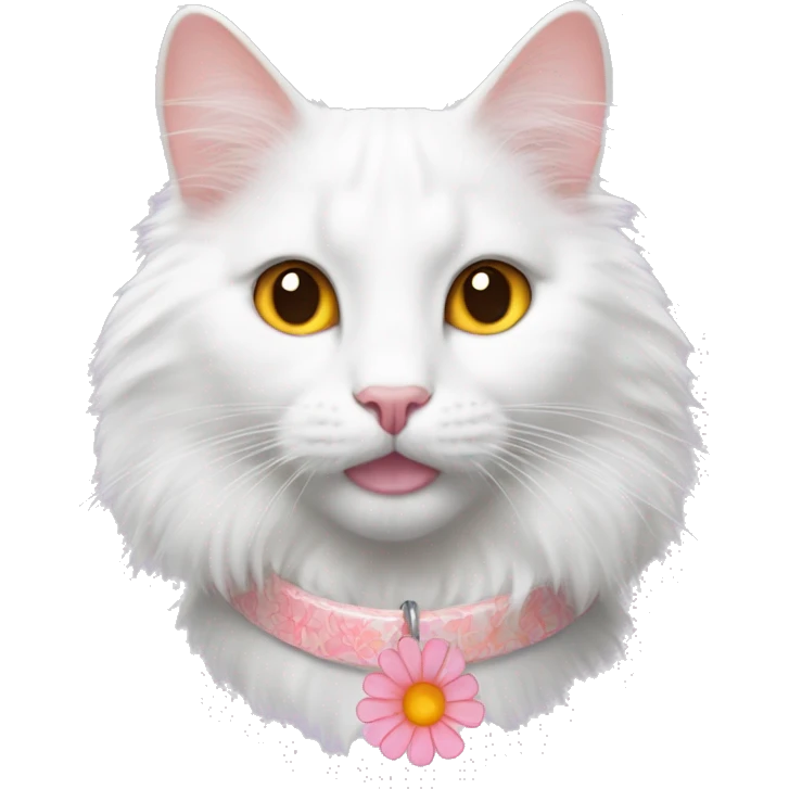 fluffy white and orange turkish van cat with pink flower collar emoji