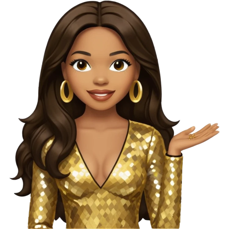 Tenitra Michelle Williams, R&B Singer from Destiny's Child with long dark brown hair, gold sequin outfit, medium dark skin emoji