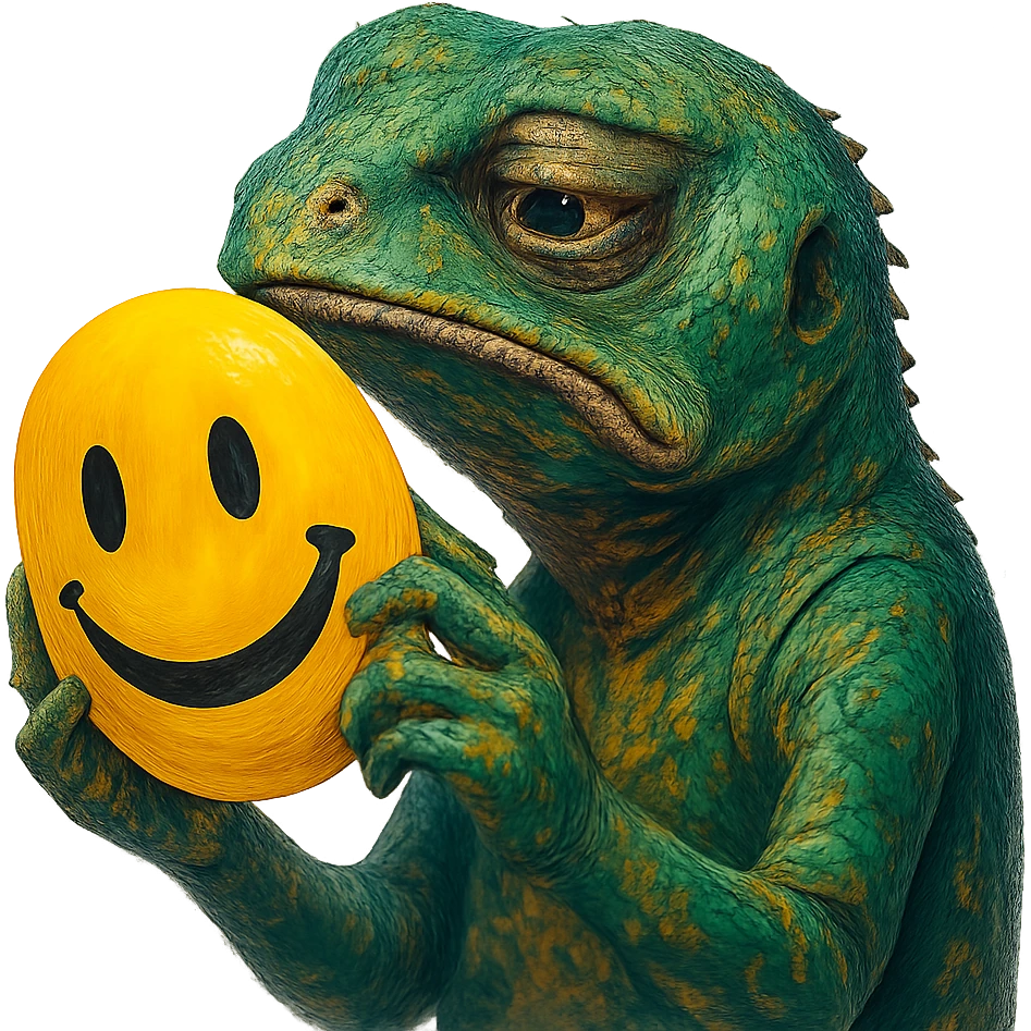 a sad lizard removing a smiling yellow emoji mask, expressive, focus on emotion, vivid colors, detailed face emoji