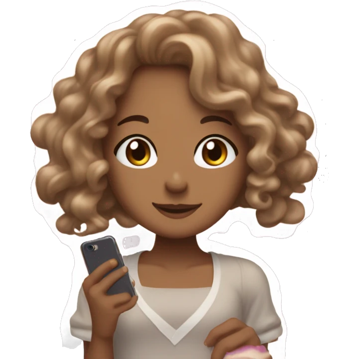 a tan girl with long curly brown hair on her iphone 16 thats white and has a cinnamonroll case from sanrio emoji