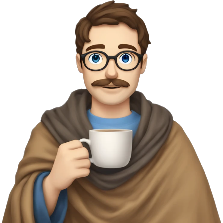 brown hair blue eyes moustache and Soul patch pale guy with round glasses drinking tea with blanket on emoji