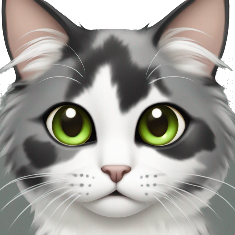 Fluffy diluted calico cat with face half grey and half white green eyes  emoji