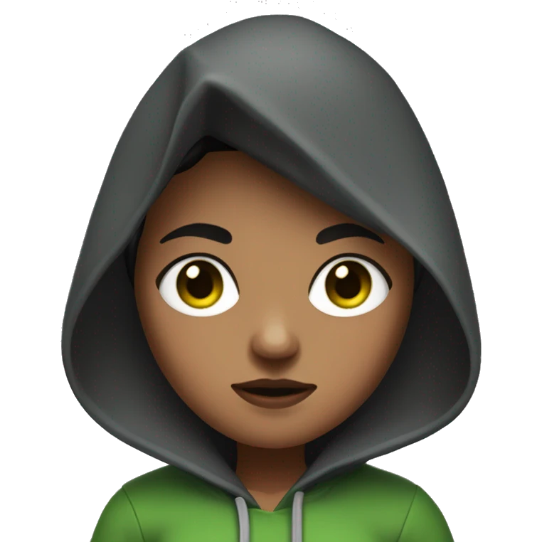 Black hair woman with deathstare and brown eyes with a little green inside, with a red hoodie and gray sportpants emoji