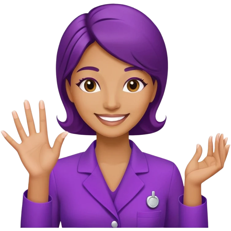 Woman cosmetologist in purple salon uniform with hand raised, smiling emoji