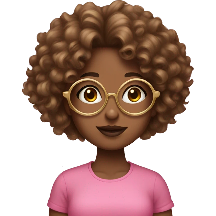 girl with brown curly hair brown skin gold circular glasses pink shirt jewelry emoji