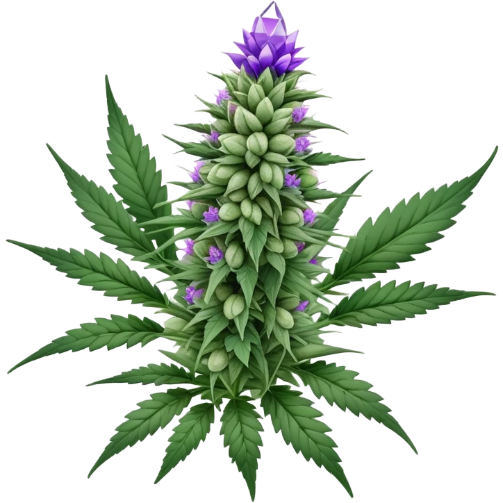 Cannabis plant with purple buds, crystal trichomes, and small wedding elements, wedding crasher strain emoji