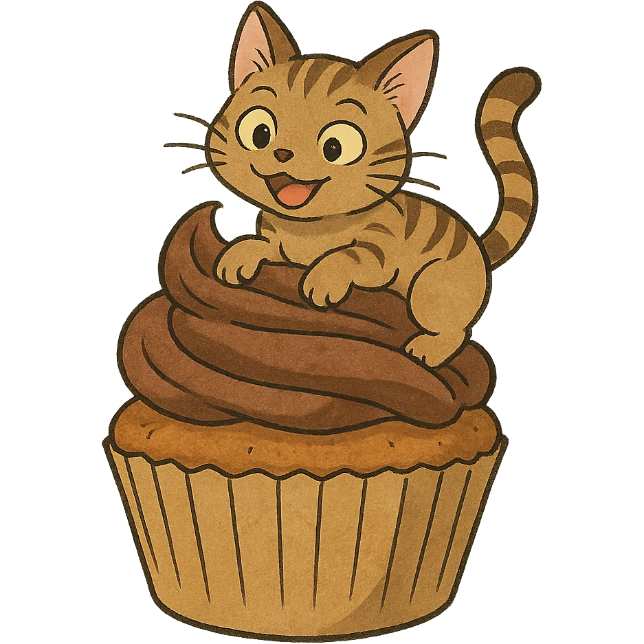 ghibli style cupcake with a playful cat sitting on it emoji