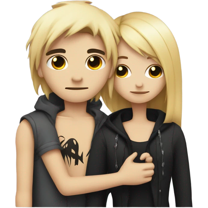 Emo couple hugging  guy with emo hair black lip rings hair and girl with blonde hair emoji
