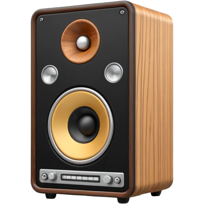 3D render of Speaker Stack, vintage 1980s audio equipment aesthetic, tactile analog buttons, matte black cabinet with a large white cone center, mixed wood grain and brushed aluminum textures, Apple emoji style, isolated on white background --v 6.0 emoji