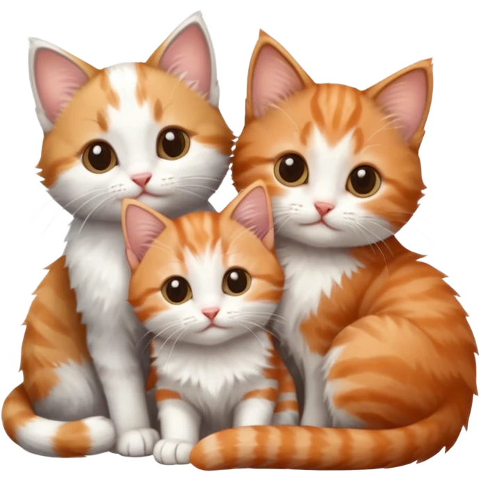 3 tiny kittens cuddling together all different colours, the first one is grey and white, the second is ginger and white and the third is brown tabby and white emoji