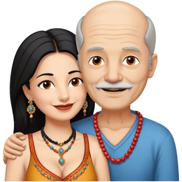 I want an old man with balding and grey beard grey hairs and a woman in her 40s with dark black hair parted in indian woman style wearing a beads chain  with the cleavage of the woman visible in a passionate embrace. The man should have no jewellery, both must be blissfully smiling emoji
