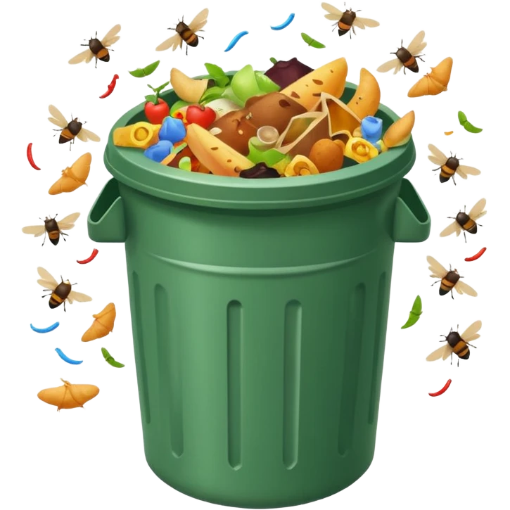emoji-style icon of a trash can overflowing with food scraps, flies buzzing around, dirty and unsanitary look, clear at small size, no text emoji