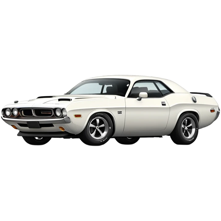 White 1971 Dodge Challenger with precise structure and proportions, consistent 30-degree angle view, showing detailed front fender and side profile, pure white color, iOS emoji style emoji