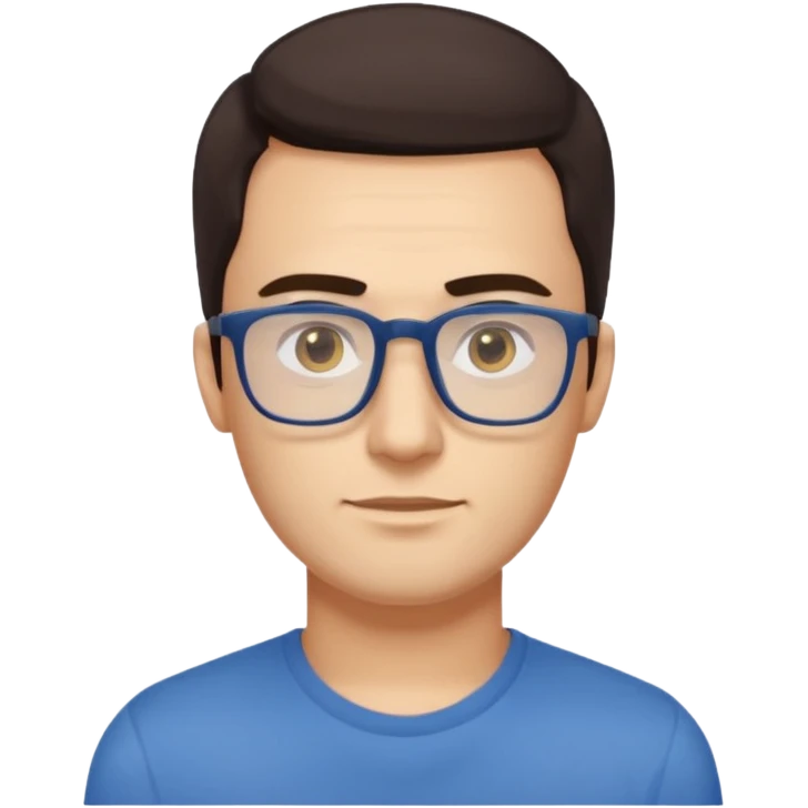 a young man around 30 years old, dark brown eyes, with dark brown hair, longer rectangular face, longer jaw, light yellow skin color, small eyes with rectangle shape glasses, without beard, no forehead wrinkles, wear deep blue shirt emoji
