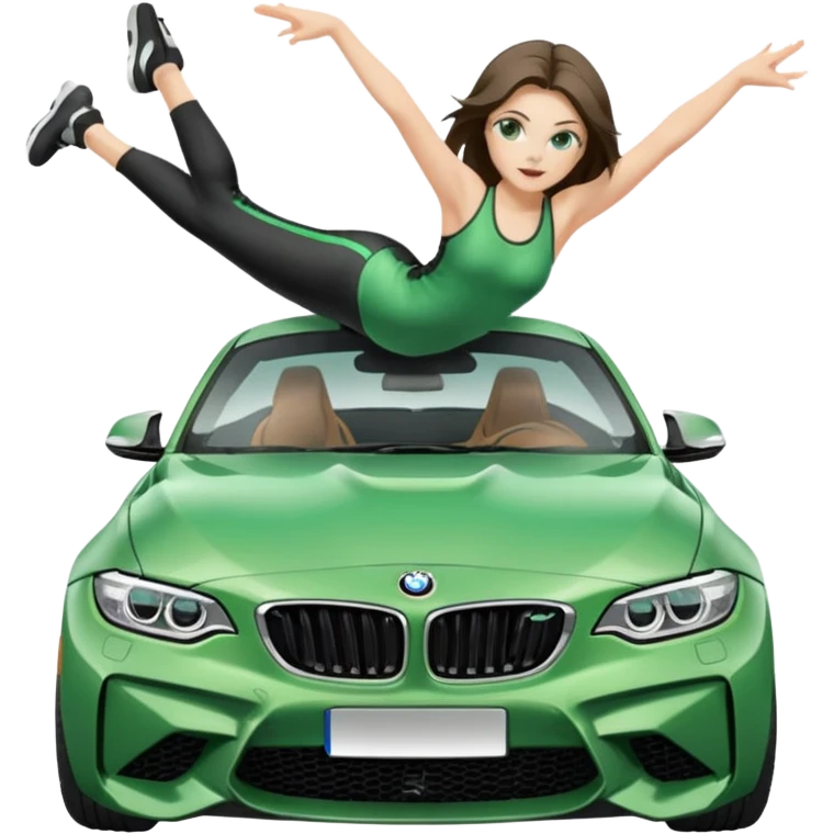Beautiful Caucasian girl with green eyes realistic portrait of girl doing the splits on the hood of BMW M2 car emoji