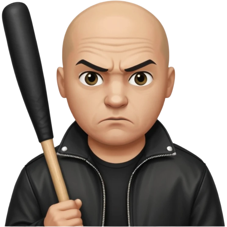 Bald Russian 1990s gangster emoji, leather jacket, , serious angry face with a bat emoji