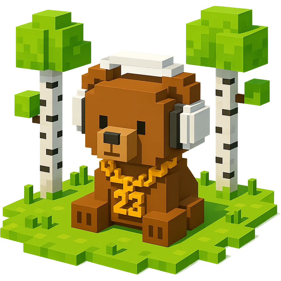 березовый лес, в котором сидит бурый медвежонок в белых наушниках (наушники должны закрывать уши медведя), на медведе цепь с подвеской "23", no background  emoji