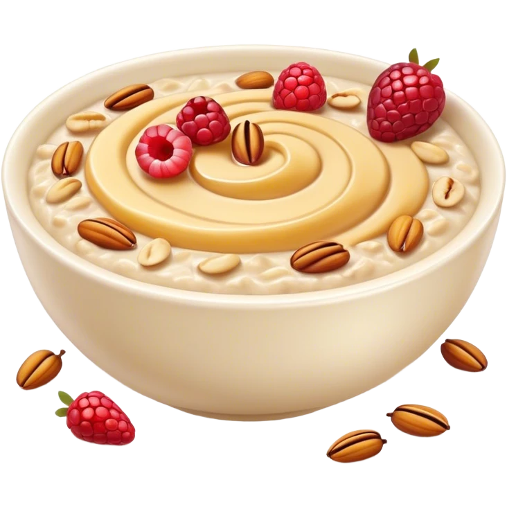 Cinematic creamy oatmeal, smooth texture with a swirl of honey on top, garnished with fresh berries and nuts, warm and comforting, cozy golden tones, rich and delicious. emoji