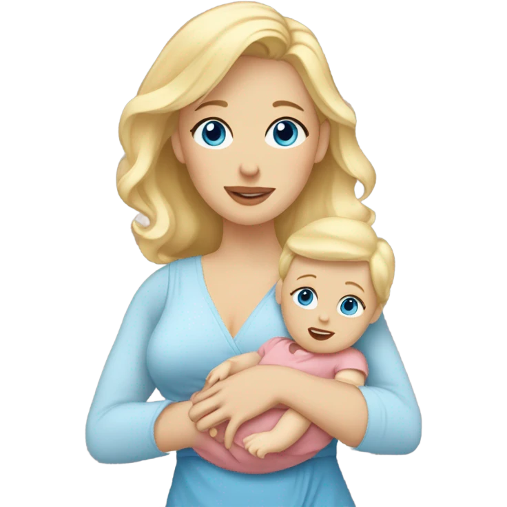 Blonde hair blue eye mom in dress with toddler and newborn emoji