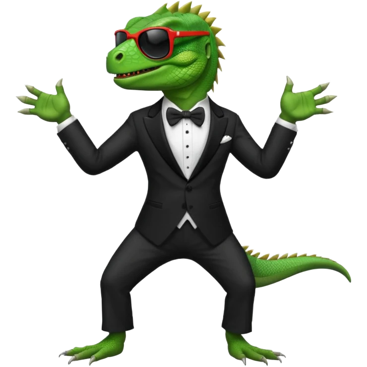 capitalist iguana in tuxedo and black sunglasses dancing emoji