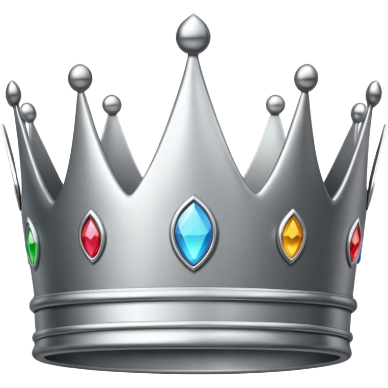 A luxury silver crown emoji, chrome metallic finish, smooth rounded edges, subtle sparkle, polished reflective surface, cute proportions, iOS emoji style, centered on a clean white background, soft studio lighting, no outlines emoji