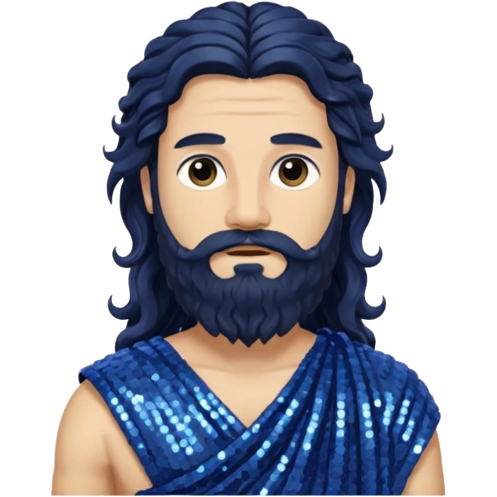 Auster, God of Summer Roman Deities with long black wavy hair and beard, indigo sequin toga emoji