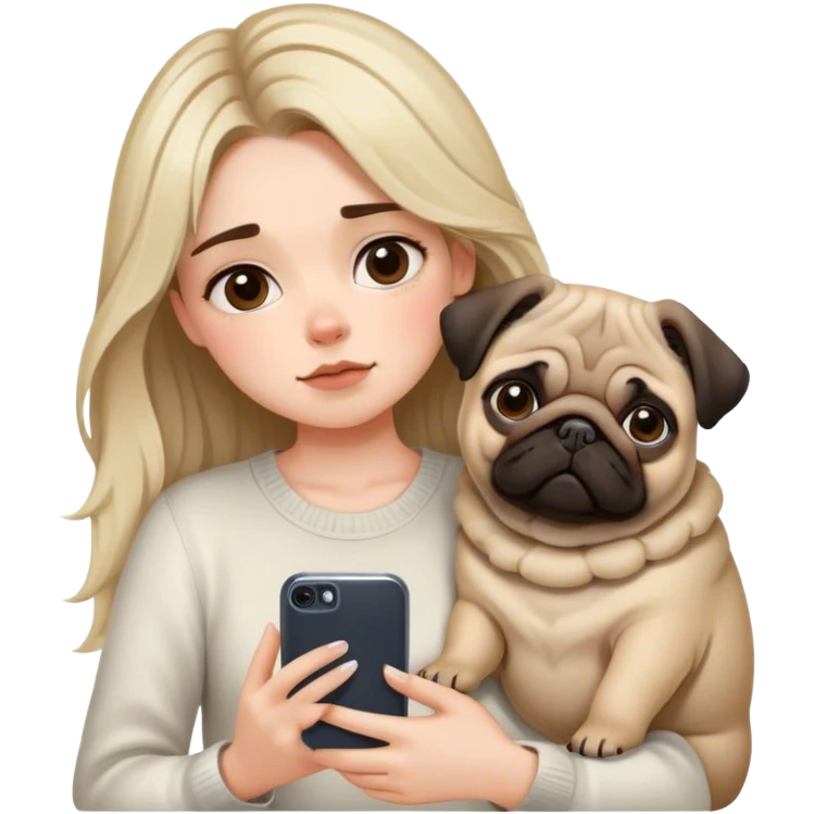 Pretty girl with casscading choppy hair frames her face as she holds her phone and her big pug lays beside her emoji