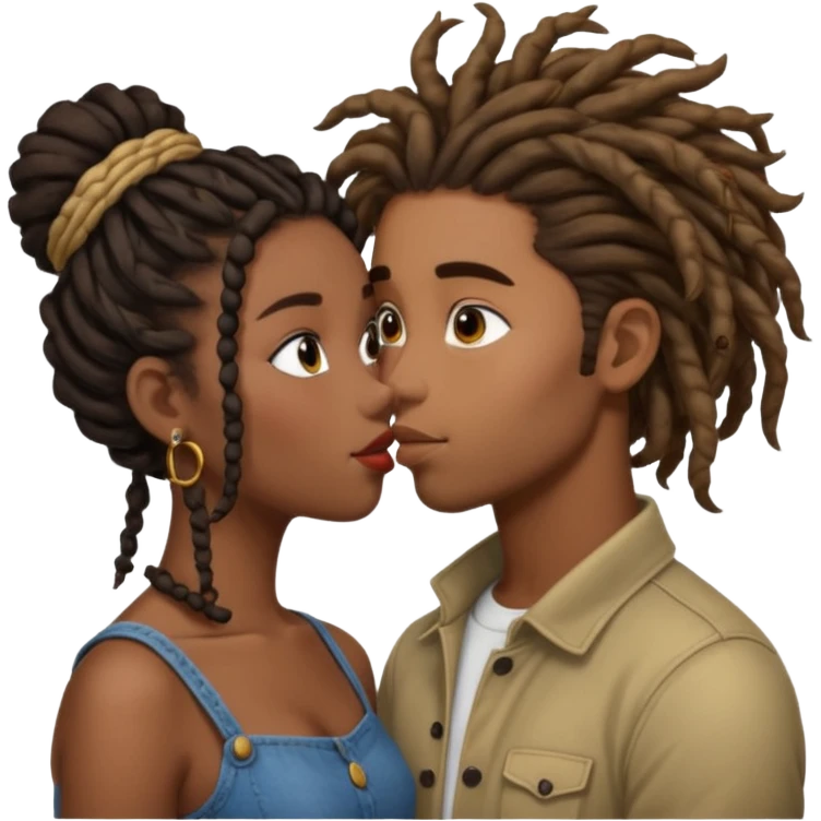 Brown boy with dreadlock kissing black girl with curly bun emoji