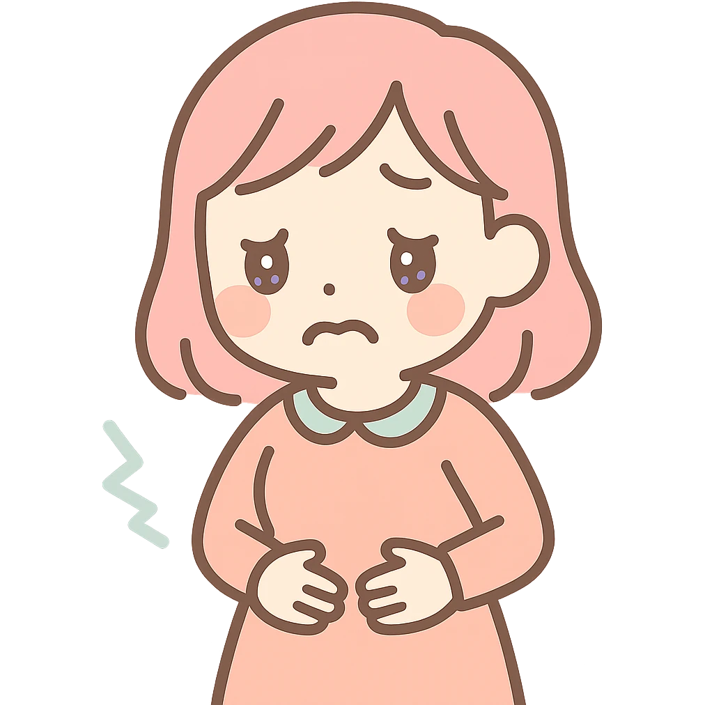 hungry woman holding her belly, face looks very uncomfortable, anime style emoji