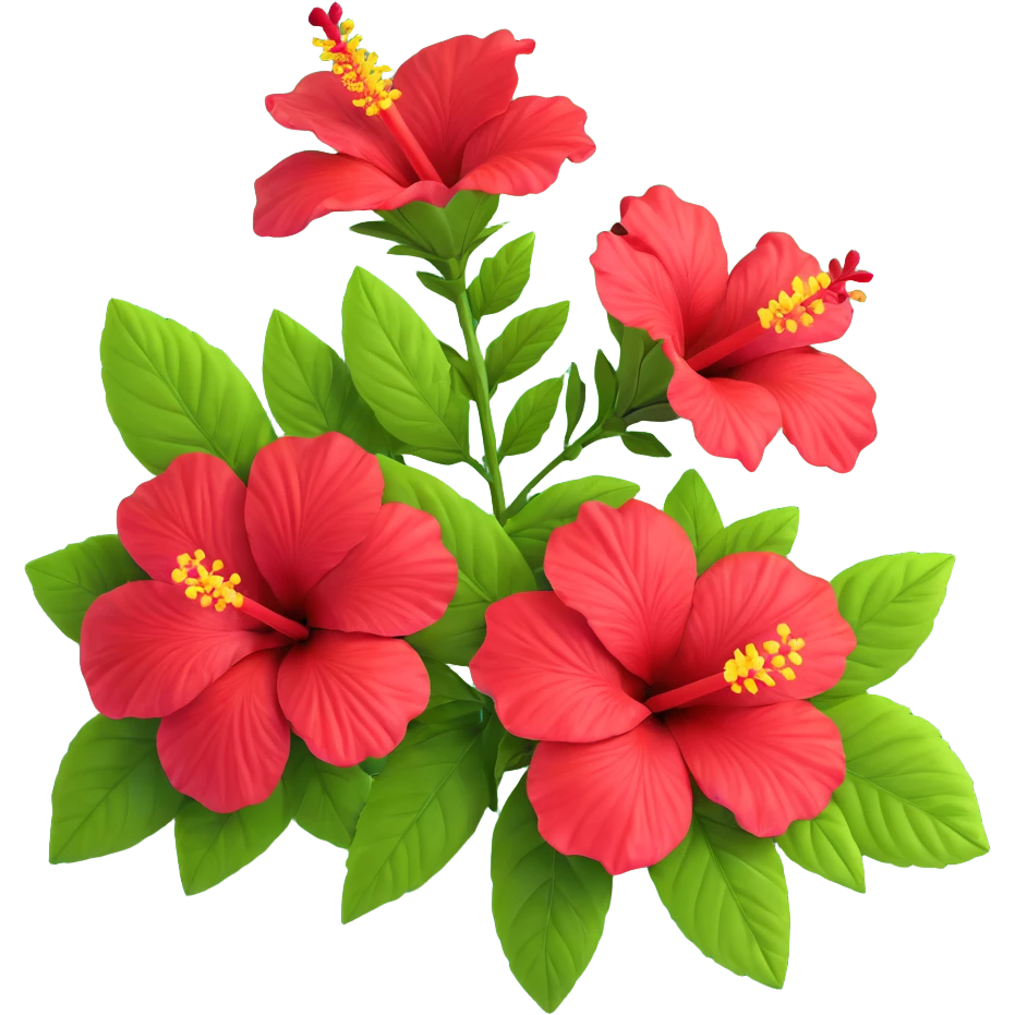 Detailed red hibiscus flower with green leaves and distinctive long stamen emoji